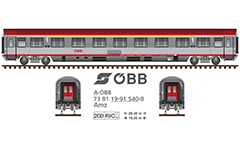 Side and front view of ÖBB railway coach 1st class with business places. Realistic color drawing with all technical inscriptions and designations under UIC, logo of the Österreichische Bundesbahnen, bogies Minden-Deutz 522, signs for non-smokers and panel with air brake assembly. EDITORIAL USE