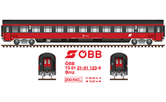 Side and front view with passenger wagon Bmz. A rolling stock of ex-train "Mozart" with route from Paris to Vienna via Strasbourg. All technical inscriptions and designations are under the UIC classification of railway coaches. Classic "Pflatsch" logo of the Österreichische Bundesbahnen. EDITORIAL USE