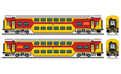 Side and front view of Indian huge chair car fitted with German technology chassis “Linke Hofmann Busch”. Air-Conditioned coach in yellow-red livery. The wagon was produced in the Rail Coach Factory at Kapurthala, state of the Punjab, India. EDITORIAL USE