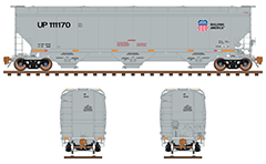 Color drawing with 3-bay hopper railcar for transport of grain. Side, front and back view. Reporting mark UP. Diagram with all technical parameters, marks, inscriptions, logo with the corporate motto "Building America", instructions for safe handling and vertical hand brake wheel. EDITORIAL USE