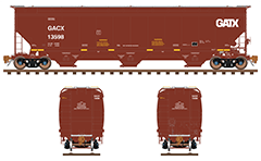 Color technical diagram with 3-bay hopper car for transport of grain. Side, front and back view. Reporting mark GACX. Vector with all technical parameters, marks, inscriptions, logo of GATX Corporation with letters, instructions for safe handling and vertical hand brake wheel. EDITORIAL USE