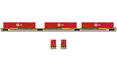 Side and front view with articulated Trinity intermodal flat car 3-units loaded with shipping containers CIMC type. Reporting mark TTRX- Formerly Trailer Train Company. Single stack configuration. All technical inscriptions and designations for maintenance and safety. EDITORIAL USE