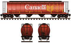 Side and front view of cylindrical railroad hopper car in classic red livery of Canadian National Railway. Possibility for grain transportation on thousands of miles and gravity unloading. Technical vector illustration with high-quality. EDITORIAL USE