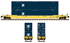 Side and front view with a single railcar unit designed for transport of containers. Detailas- all technical inscriptions and designations, two high cube domestic shipping containers. Reporting mark FEC- Florida East Coast Railway. EDITORIAL USE
