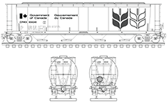 Vector drawing with side and front view of cylindrical hopper used for transport of grain cargo in Canada. High-quality vector sketch with separated layers containing technical parameters, inscriptions, railway tracks, handbrake assembly and logo of the Canadian Wheat Board. EDITORIAL USE