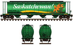 Vector illustration with side and front view of cylindrical railroad hopper car for carriage of grain cargo on long distances. Color drawing with all technical parameters, “flower” logo, inscriptions, instructions for safe handling, stairs and hand brake. EDITORIAL USE