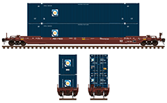 Side and front view with all-purpose 53 ft well car and two intermodal containers. Details- all technical inscriptions and designations, logos and two layers with high cube load. Reporting mark FEC- Florida East Coast Railway. EDITORIAL USE