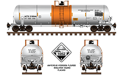 Side and front view of railroad tanker with designation SR 5530 DOT-E 11759, DOT 112s500w for carriage of fluorane. Design with all technical parameters, inscriptions, handbrake assembly and signal placards for dangerous goods. Reporting mark ACTX- Allied Chemical Corporation. EDITORIAL USE