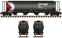 Side and front view of cylindrical hopper car for carriage of grain cargo. Reporting mark CP - Canadian Pacific. Details- all technical parameters, logo of CPR company, inscriptions, instructions for safe handling, stairs and hand brake. EDITORIAL USE