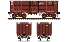 Side and front view with railroad gondola car for transport of coal and ore. Distinctive signs- patch in red-white horizontal stripes showing for maximum permitted high speed to 100 km/h. Reporting mark SE- South Eastern Railway Zone of the Indian Railways. EDITORIAL USE
