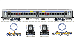 Side and front view with unpainted "Linke Hofmann Busch” coach. The car is manufactured by the Integral Coach Factory (ICF), Chennai. Details- Antyodaya logos in English and Hindi, unique silver "stainless-steel" livery, dark-blue arrows-bands, reporting mark SR- the Southern Railway. EDITORIAL USE