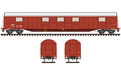Side and front view of boxcar Gabs type with two loading doors on each side. Reporting mark BDZ - Bulgarian State Railways. Railroad van for transport of packed and bulk materials that were vulnerable by the weather. EDITORIAL USE