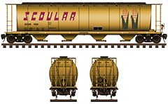 Side and front view of covered hopper car for transport of grain cargo on long distances. Reporting mark SCOX. Details - all technical parameters, logo "corn", inscriptions, instructions for safe handling, stairs and hand brake. EDITORIAL USE