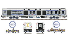 Side and front view with unpainted power coach Linke Hofmann Busch. Details- silver livery, new type bio-toilet, stylized logo Antyodaya in Hindi and English, electrical boxes, signal light and bogies Fiat. Reporting mark SR- Southern Railway zone of Indian Railways. EDITORIAL USE