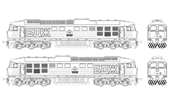 Vector drawing with side and front view of Soviet diesel locomotive TE-109 used by Bulgarian State Railways. High-quality vector graphic with all technical inscriptions in Bulgarian language and stylized logo of BDZ. Isolated objects over white background. EDITORIAL USE