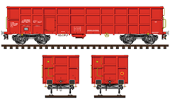Railway gondola Eaos type in red livery of Bulgarian State Railways. Ordinary open high-sided wagon for transporting of bulk goods, coal, scrap, steel, wood and paper. Construction allows mechanized loading and unloading operations through the use of lifting vehicles. EDITORIAL USE