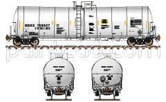 Side, front and rear view of modern railroad cistern with capacity 25,610 gallons. Main safety improvements- shell with full height frontal shields, thermal protection, fiberglass insulation and different loading-unloading valve configurations. A placard with UN number 2055 and hazard class 3. Reporting mark GBRX. EDITORIAL USE