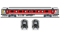 Side and front view with new generation Air-Conditioned 3-tier coach. Car known as "wagon with brain" in Indian Railways. Details- vibration sensor on axles of bogies, electronic passenger info plates, water pumps, water indicator, Fiat bogies, all inscriptions in Hindi and English. EDITORIAL USE