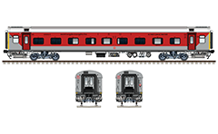 Side and front view with air-conditioned Linke Hofmann Busch coach in red-gray livery- combination of AC 1-st class and AC 2- tier sleeper. Reporting mark WC - West Central Railway zone of Indian Railways. Color drawing with many details and technical inscriptions in Hindi and English. EDITORIAL USE