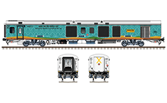 Side and front view with "Luggage, brake and generator car" in futuristic vinyl livery of Indian Railways. Details - yellow route plate with text Durg - Hazrat Nizamuddin, reporting mark SEC - South East Central Railway zone, IR circular logo, all technical inscriptions in Hindi and English, and others. EDITORIAL USE