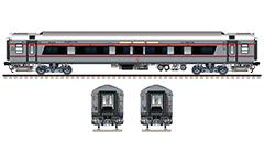 Side and front view of Indian AC 3-tier Linke Hofmann Busch sleeper. Stylish gray livery with two horizontal red stripes. Reporting mark SW - South Western Railway zone of Indian Railways. On WC windows have a glued sticker - "Coach manufactured by ICF with 100% green energy". EDITORIAL USE