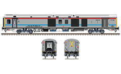Side and front view with LHB power car in gray livery with red and sky blue stripes. Reporting mark SR - Southern Railway zone of Indian Railways. Details - IR circular logo, diesel tanks, air brake systems, water pump, bio toilet, all technical inscriptions in Hindi and English, and others. EDITORIAL USE