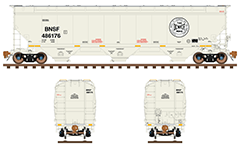 Color drawing with 5188 cu ft capacity hopper railcar for transport of grain. Side, front and back view. Reporting mark Burlington Northern Santa Fe Railway. Diagram with all technical parameters, retro logo "Shortest route to Colorado and the Northwest", yellow marks, inscriptions and instructions for safe handling. EDITORIAL USE