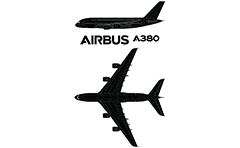 Scale vector drawing of double-deck and four-engine jet airliner Airbus. Side and top view. Detailed illustration suitable for infographic purposes and graphic design.