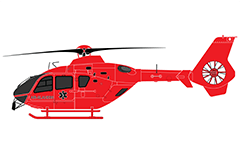Flat infographic icon of mountain rescue helicopter. Detailed side view with medical sign snake and text of Swiss company Air-Glaciers.