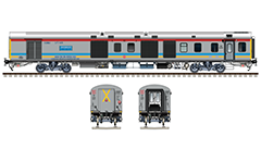 Side and front view with Indian "Luggage, brake and generator car" in colors of Gatimaan Express train by route plate Hazrat Nizamuddin - AGC/Agra Cantt. Modern LHB (Linke Hofmann Busch) generator car. High-quality color drawing with many details and technical inscriptions. EDITORIAL USE