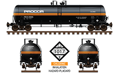 Side and front view with DOT 111A100W1 for transport of chlorine. Reporting mark PROX and inhalation hazard placard with number UN 1017. Cistern is marked with orange stripe 1 foot tall who designate а carrying of hazardous goods. EDITORIAL USE