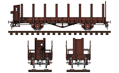 Side and front view of platform wagon in livery of the Royal Saxon State Railways. Brake cabin is located at the end of the car and serves as a shelter for brakeman from adverse atmospheric conditions.Original Prussian design with all technical inscriptions.