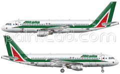 Left and right panoramic view of passenger plane in flight and on the ground. The jet is named after of famous Italian composer 
Girolamo Alessandro Frescobaldi. Reporting mark I-BIKI. The Alitalia is member of the "SkyTeam Airline Alliance".  Realistic and detailed vector graphics. EDITORIAL USE