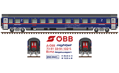 Side and front view with Couchette car of the Austrian Federal Railways - Österreichische Bundesbahnen. "Eurofima" second class coach with all technical inscriptions under UIC - Union internationale des chemins de fe. Basic rolling stock of the European passenger night trains. EDITORIAL USE