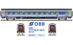 Side and front view with Liegewagen in grey-blue livery of the Austrian Federal Railways. Second class car, 9 compartments with total 54 seats, 6 beds on section, service room with 2 wash machines and 2 toilets. All technical inscriptions are under UIC - Union internationale des chemins de fe. EDITORIAL USE