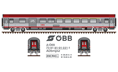 Side and front view of chair car with possible for carriage of bikes and disabled people. Details- UIC lettering, reporting mark Österreichische Bundesbahnen, 200 RIC table with permitted top speed and voltages, tail signalization, all technical inscriptions and designations. EDITORIAL USE
