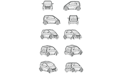 Wireframe model of tiny two-seat city car. Front, rear, side and axonometric view.
Three-dimensional polygonal design. Isolated objects on white background.
