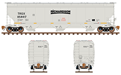 Color drawing with hopper railcar for transport of grain. Side, front and back view. Reporting mark TRGX- Terminal Grain Corporation. Diagram with all technical parameters, marks, inscriptions and instructions for safe handling. EDITORIAL USE