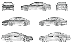 Wire model of luxury car produced in Germany. Sleek and aerodynamic design and Business class. Front, rear, side and axonometric view.
Three-dimensional polygonal design.