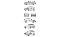 Vector drawing of wireframe model of classical car for mass-market produced in Germany. Front, rear, side and axonometric view.
Three-dimensional polygonal design.