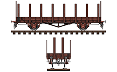 Side and front view of platform freight wagon manufactured in Kingdom of Saxony (1913-1927). Designed with large volume and wooden stanchions.
Stake car was used by the Royal Saxon State Railways - K. Sächs. Sts. E. B. - Königlich Sächsische Staatseisenbahnen part of future formed Deutsche Reichsbahn.