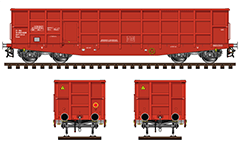 Side and front view of open-top Eaos wagon with side bords.
Railway gondola for transporting of bulk goods, coal, ore,  scrap, steel, wood and paper. Train livery - Bulgarian State Railways with all technical inscriptions and details: bogies, air hoses, hand brakes and other. EDITORIAL USE