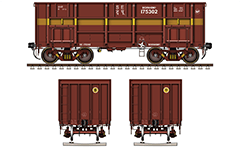 Side and front view with railroad gondola car for transport of coal, limestone and ore. Details- high-speed bogies CASNUB, CBC couplers, all technical inscriptions and designations. Reporting mark SE- South Eastern Railway Zone of the Indian Railways. EDITORIAL USE