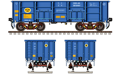 Side and front view of gondola railroad car. Modern Indian car for transportation of products which does not require protection from rain. Details - CBC couplers, twin pipe air brake system, high-speed bogies CASNUB and inscriptions. EDITORIAL USE
