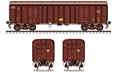 Side and front view of covered freight wagon “BCNAHS”. This variant is modified version of the standard wagon BCNA equipped with CASNUB 22HS high-speed bogies. Distinctive signs - patch in red-white horizontal stripes showing for maximum permitted high speed. EDITORIAL USE