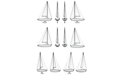 Vector diagrams with polygonal surface of sailboat. 
Axonometric and orthogonal projections with and without keel, sails and engine with propellers. Front, side and rear view.