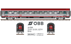 Side and front view with Austrian passenger wagon "Eurofima", ÖBB railway company. UIC classification Bmz: "B"- passenger car with 2nd class seats, "m"- four-axle longer than 24 meters, "z"- four-axles with power supply from a bus-bar. Rail car with stylish silver livery and red roof. EDITORIAL USE